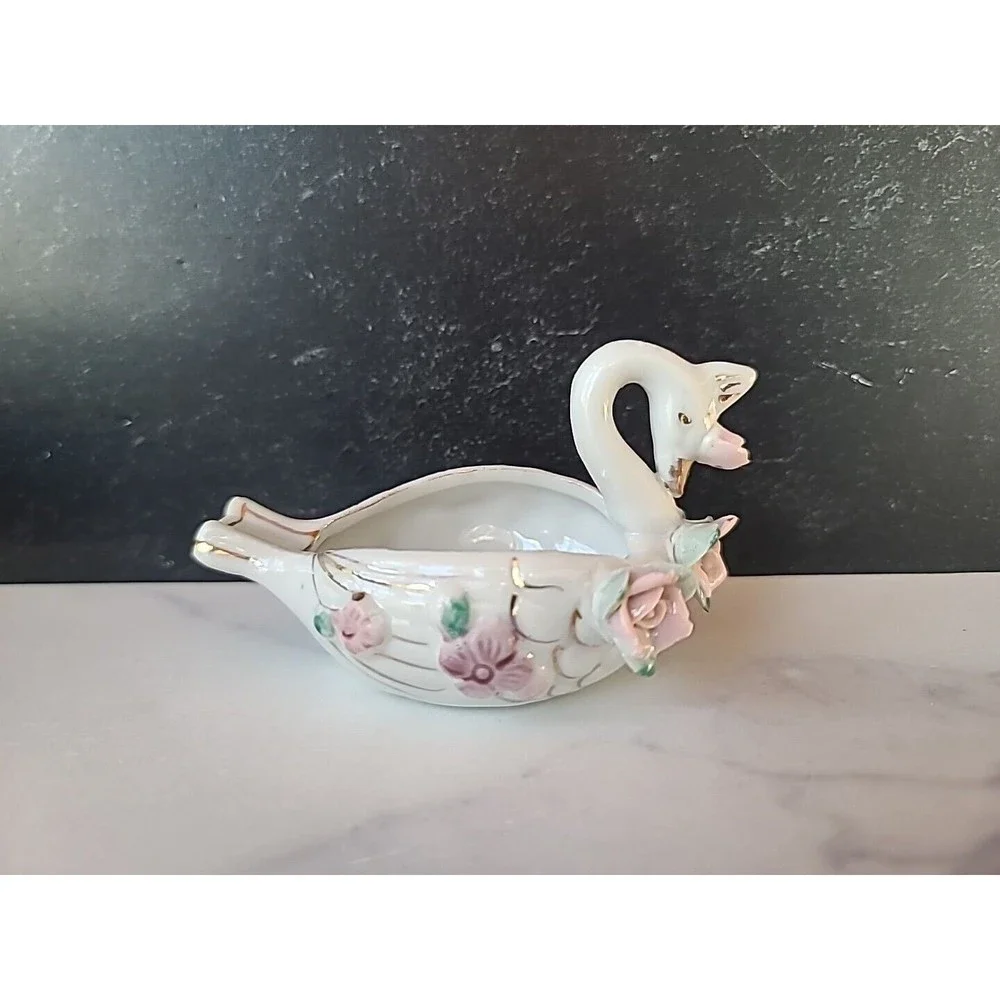 Vintage Ceramic Swan Trinket Dish With Capodimonte Flowers